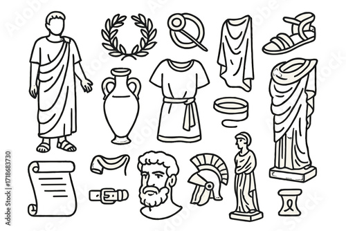 Ancient Roman Fashion Doodles. Hand-drawn doodle illustration Ancient Roman fashion [toga, laurel wreath, sandals, fibula pin, draped fabric, gold bracelet,