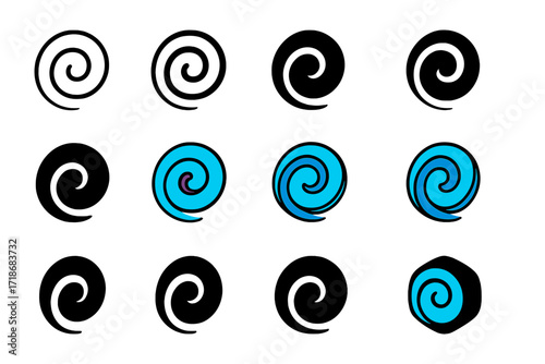 Abstract Spiral Logos. Set Logo of Deep Sigh: Abstract spiral air. Logo set in vector style, emblematic variations. line, bold thick line, solid black filled,