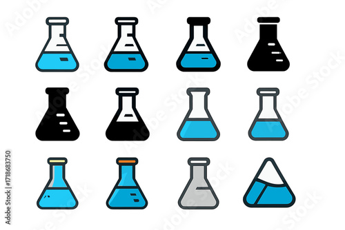 Colorful Flask Logos. Set Logo of Flasks: Flask with graduation scale and blue fluid. Logo set in vector style, emblematic variations. line, bold thick line,