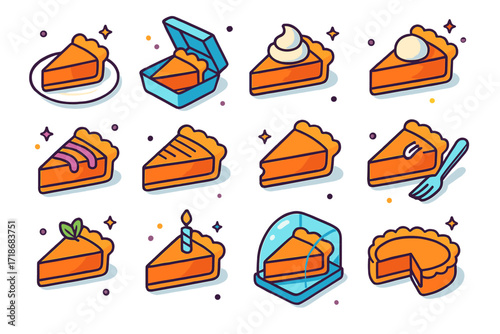 Colorful Pie Slice Icons. Colorful isometric vector icons set of Pie Presentation Styles: single slice on plate, pie slice in takeaway box, pie slice with