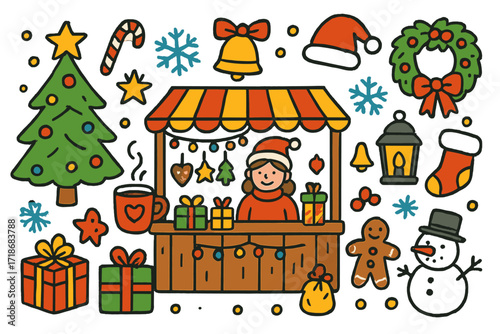 Festive Christmas Market Doodles. Christmas market and festive decorations. Colorful Hand-drawn doodle Children illustration Christmas tree, market stall, gift