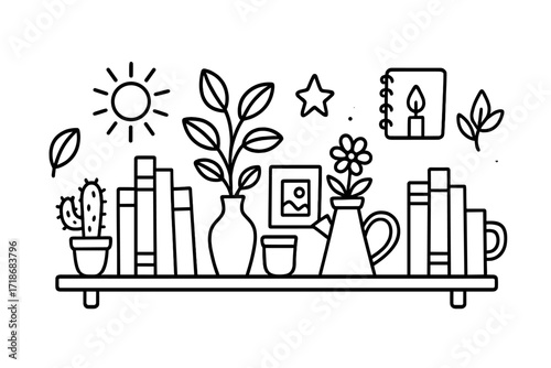 Bookshelf Doodle Icons. Hand-drawn doodle illustration Bookshelf with plants [books, cactus, leafy plant, vase, flower pot, watering can, leaf, sun, shelf,