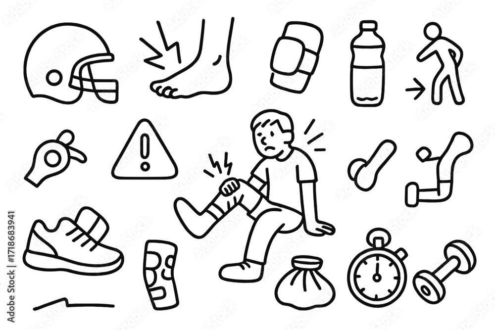 Obraz premium Sports Injury Icons. Hand-drawn doodle illustration Sports Injury football helmet, ankle sprain, leg cast, pain lines, elbow pad, water bottle, stretching