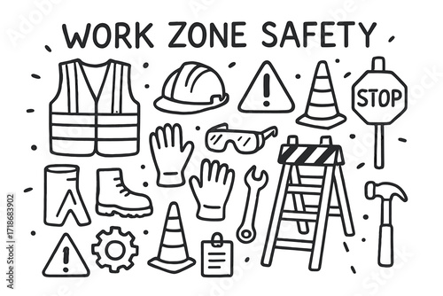 Work Zone Doodle. Hand-drawn doodle illustration Work Zone Safety [vest, helmet, gloves, goggles, boots, warning triangle, exclamation mark, traffic cone,