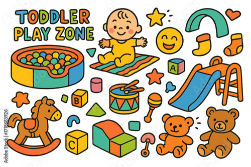 Toddler Play Paradise. Colorful Hand-drawn doodle Children illustration Toddler Play Zone ball pit, rocking horse, foam shapes, star blocks, smiley baby,