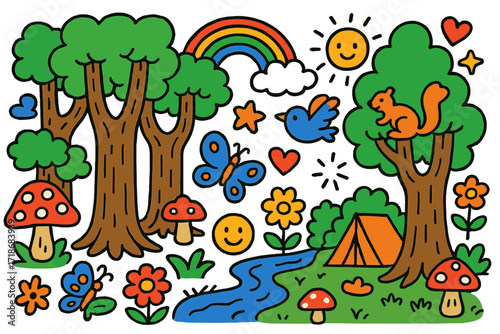 Colorful Forest Doodle. Colorful Hand-drawn doodle Children illustration Massive Forest [giant trees, mushrooms, bird, squirrel, rainbow, star, heart, spark,