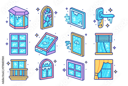 Frosted Window Icons. Colorful isometric vector icons set of frosted architectural details: frosty bay window, ice on stained glass, frozen window frame, icy