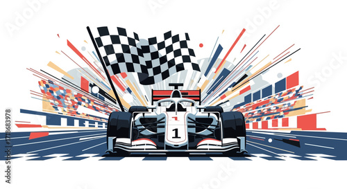 Formula 1 race car crossing the finish line with checkered flags, dynamic vector illustration in blue, red and white, against a stylized racetrack background.