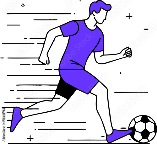 Professional soccer player and football concept. Young positive man cartoon character in sportswear kicking ball during football soccer training outdoors flat vector illustration