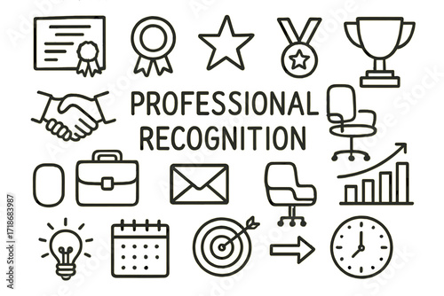 Recognition Symbols Doodle. Hand-drawn doodle illustration Professional Recognition [certificate, ribbon, star, medal, trophy, handshake, briefcase, envelope,