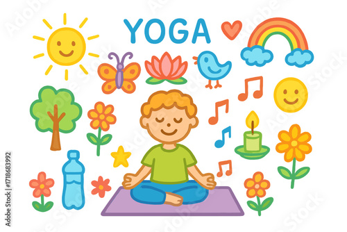 Children's Yoga Doodle. Colorful Hand-drawn doodle Children illustration outdoor yoga yoga mat, lotus flower, sun, cloud, tree, butterfly, bird, heart, water