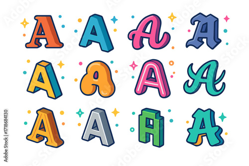Colorful Alphabet A Icons. Alphabet A. Colorful isometric vector icons set of alphabet A: serif letter A, sans serif letter A, script letter A, gothic letter
