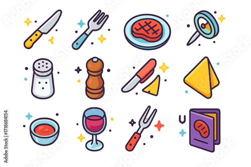 Steakhouse Icon Set. Colorful isometric vector icons set of Steakhouse Table Settings: steak knife, steak fork, steak plate, steak thermometer, salt shaker,