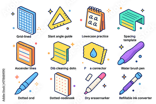 Calligraphy Tools Icons. Colorful isometric vector icons set of Calligraphy practice essentials: grid-lined pad, slant angle guide, lowercase practice sheet,