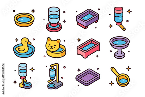 Animal Water Access Icons. Colorful isometric vector icons set of Water access for small animals: shallow dish for chickens, gravity bottle feeder, mini trough