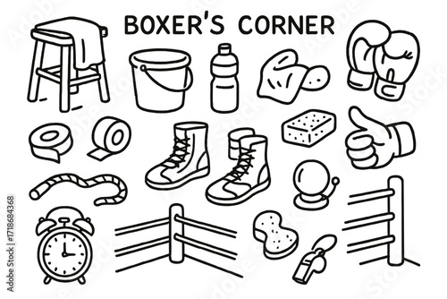 Boxer's Equipment Doodles. Hand-drawn doodle illustration Boxer?s Corner [stool, towel, bucket, water bottle, gloves, shoes, bandages, tape roll, coach hand,