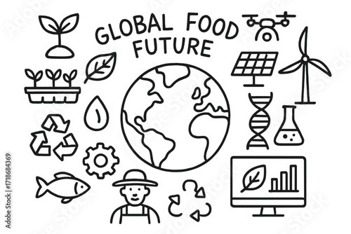 Global Food Future Icons. Hand-drawn doodle illustration global food future globe, seedling, leaf, tray of plants, solar panel, wind turbine, water droplet,