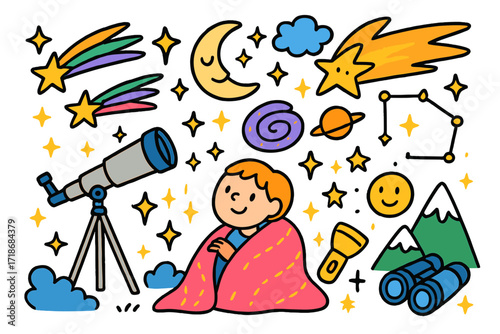 Stargazing Doodle Adventure. Colorful Hand-drawn doodle Children illustration Meteor shower telescope, shooting star, crescent moon, sparkle, night cloud,