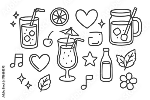 Glowing Doodle Mocktails. Hand-drawn doodle illustration Glowing mocktails [juice glass, smoothie glass, straw, lemon slice, cherry, umbrella, sparkle, neon