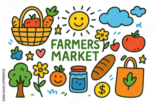 Farmers Market Doodle. Colorful Hand-drawn doodle Children illustration Farmers Market [basket, carrot, tomato, apple, bread, jar, flower, tree, sun, cloud,