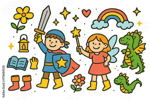 Fantasy Cosplay Adventure. Colorful Hand-drawn doodle Children illustration Fantasy Duo Cosplay sword, shield, cape, boots, gloves, wings, dragon, star,