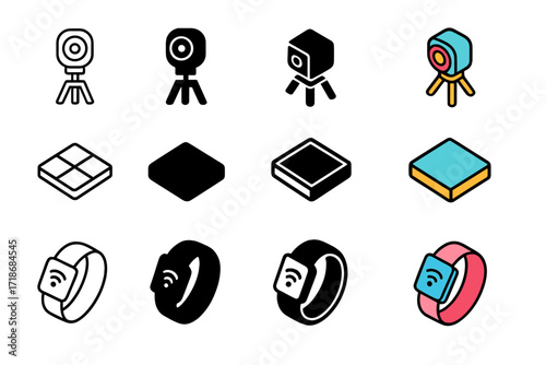 Sports Tech Icon Set. Icon Set of Sports Technology: Motion capture camera, Force plate, Wearable sensor. Icons set in vector style, emblematic variations.