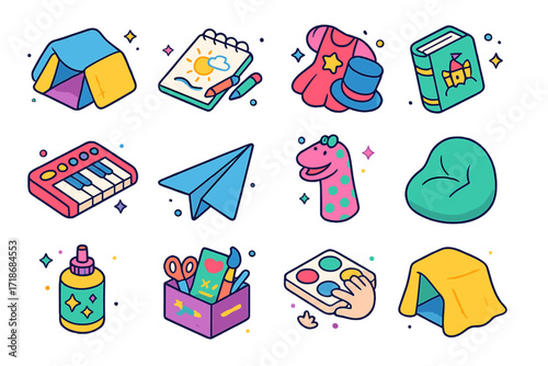 Sibling Indoor Fun Icons. Colorful isometric vector icons set of sibling indoor fun: pillow fort, drawing pad, dress-up clothes, storybook, toy keyboard, paper