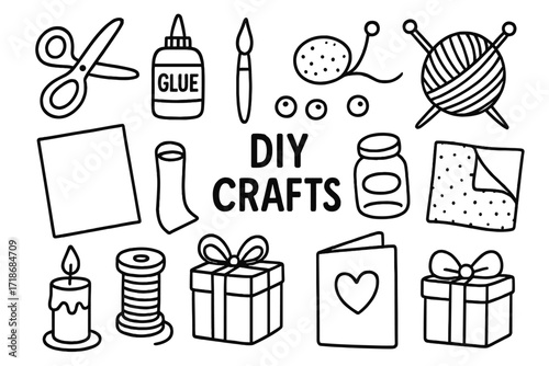Crafting Tools Doodle. DIY Crafts. Hand-drawn doodle illustration DIY crafts scissors, glue, paintbrush, yarn, knitting needles, paper, beads, thread, jar,