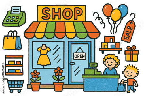 Colorful Storefront Doodle. Colorful Hand-drawn doodle Children illustration Storefront illustration colorful shop sign, striped awning, glass door, window