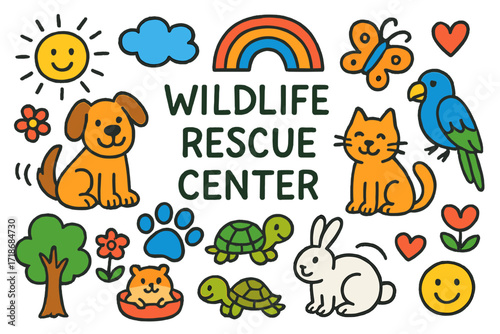 Wildlife Rescue Doodles. Colorful Hand-drawn doodle Children illustration Wildlife Rescue Center [dog, cat, rabbit, parrot, turtle, hamster, paw print, tree,