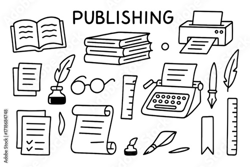 Publishing Tools Doodle. Publishing. Hand-drawn doodle illustration open book, stack of books, printer, typewriter, scroll, ink pen, paper sheets, ruler,