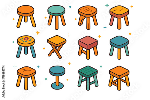 Isometric Milking Stools Collection. Colorful isometric vector icons set of traditional milking stools: three-legged wooden stool, round-top stool, rustic