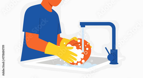 Close-up illustration of a person washing dishes in a kitchen sink, wearing yellow gloves, with soapy water and a bright, clean aesthetic.