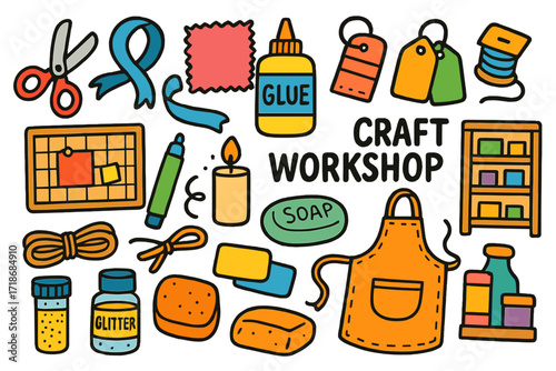 Children's Craft Essentials. Colorful Hand-drawn doodle Children illustration Craft Workshop scissors, glue bottle, ribbon, fabric swatch, thread spool, tags,