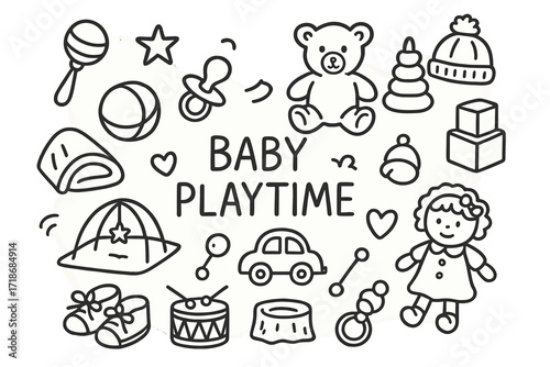Baby Playtime Doodles. Hand-drawn doodle illustration Baby Playtime [rattle, teddy bear, stacking blocks, toy car, ball, pacifier, play mat, baby shoes, baby