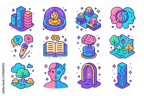 Isometric Futuristic Icons. Colorful isometric vector icons set of post-singularity civilization: AI-governed city, energy dome, self-replicating machines,