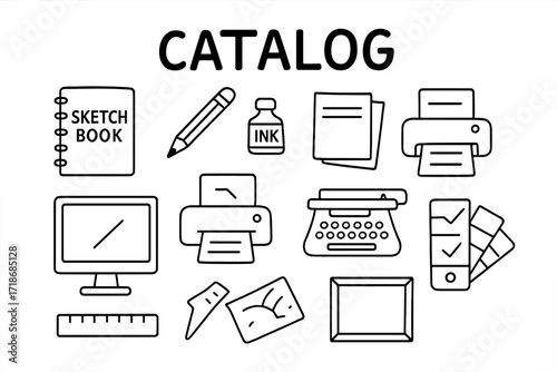 Design Tools Doodle. Print Design. Hand-drawn doodle illustration catalog cover, sketchbook, pencil, ruler, paper stack, ink bottle, typewriter, computer