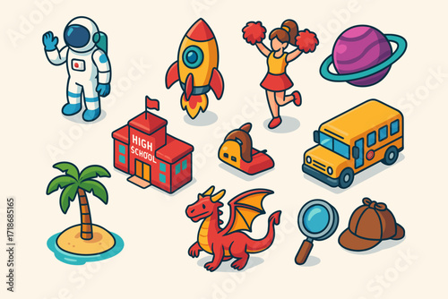 Cartoon Space Adventure. Colorful isometric vector icons set of cartoon episode themes: space adventure, high