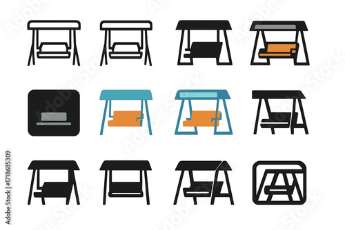 Garden Swing Logos. Set Logo of outdoor lounging: garden swing bench. Logo set in vector style, emblematic variations. line, bold thick line, solid black