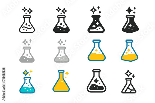 Magic Flask Logos. Set Logo of Flasks: Flask with stars and magical glow. Logo set in vector style, emblematic variations. line, bold thick line, solid black