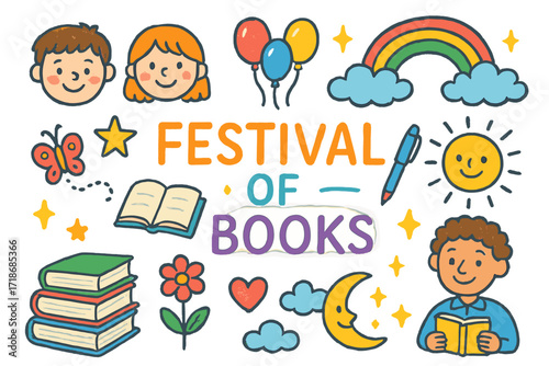Children's Book Festival. Colorful Hand-drawn doodle Children illustration Festival of Books book stack, open book, pen, author, balloons, rainbow, star,