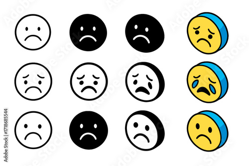 Sad Expressions Icons. Icon Set of Sad Expressions: Frowning face, Crying face, Pouting face. Icons set in vector style, emblematic variations. Frowning face