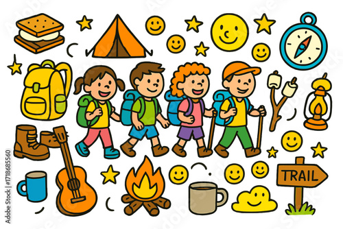 Joyful Camping Adventure. Colorful Hand-drawn doodle Children illustration Backpacking with Friends group of hikers, tent, backpack, fire, stars, s?mores,