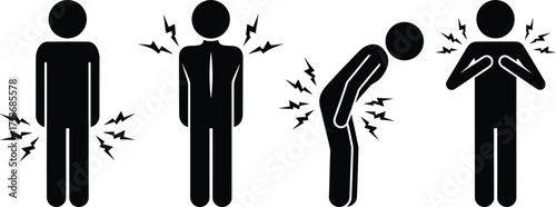 Body pain silhouette vector set, medical posture icons, health symptom illustration, back hip chest shoulder ache, black human figure design