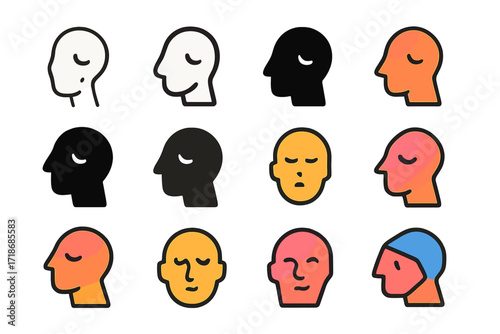 Deep Sigh Logo Variations. Set Logo of Deep Sigh: Tilted head silhouette. Logo set in vector style, emblematic variations. line, bold thick line, solid black