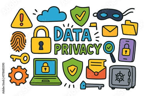 Data Privacy Doodle. Colorful Hand-drawn doodle Children illustration Data privacy [lock, fingerprint, eye mask, cloud, laptop, smartphone, folder, shield,
