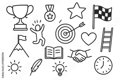 Personal Achievement Icons. Hand-drawn doodle illustration Achieving personal goals trophy, medal, star, finish line flag, person jumping with joy, mountain