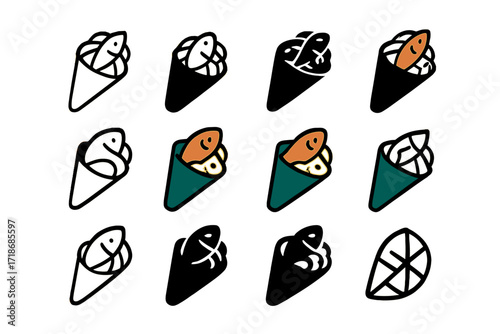 Sushi Hand Roll Logos. Set Logo of Fish and Rice: Hand Roll Sushi Cone. Logo set in vector style, emblematic variations. line, bold thick line, solid black