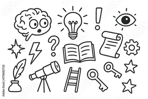 Sudden Realization Icons. Hand-drawn doodle illustration Sudden realization brain, light bulb, exclamation mark, spark, lightning bolt, question mark, book,