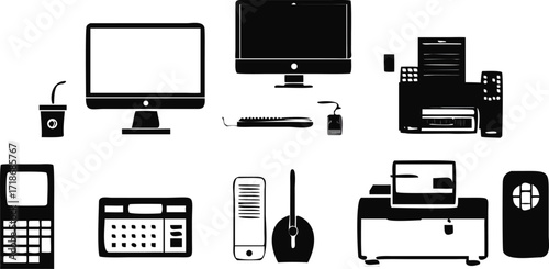 Black and white icons of office technology and electronics on white background Keywords: computer, monitor